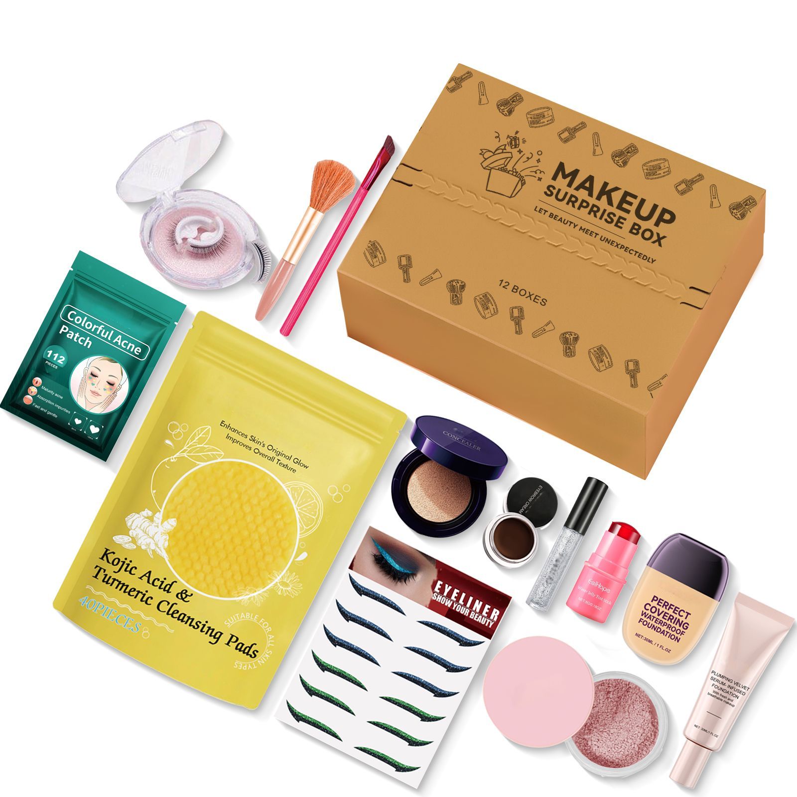 Makeup Surprise Box with Eyebrow Brushes and Heart-Shaped Acne Patches for Daily Facial Care