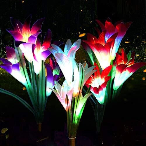 LED Solar Lily Flower Lights 3 Pack Changing Outdoor Garden Stake Lamps