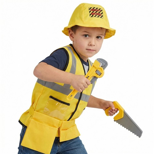 Kids Construction Worker Costume with Tools Belt Vest Hat Halloween Role Play Set