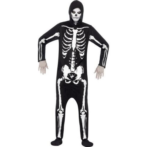 Adult Black Hooded All In One Skeleton Costume Halloween Fancy Dress