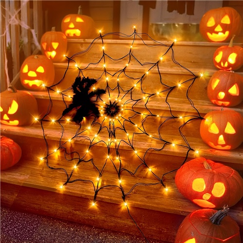 Halloween Spider Web Lights 120cm with Large Black Spider Battery Operated