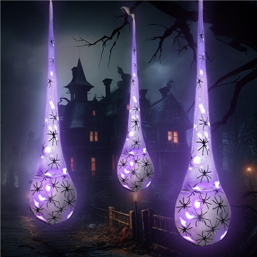 3PCS Hanging Spider Egg Sacs with Purple LED Lights Halloween Decoration