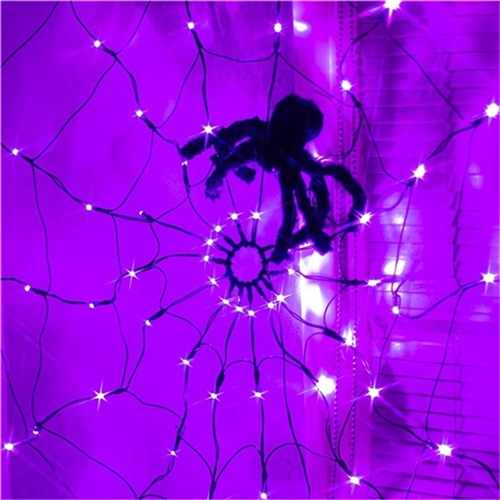 Purple LED Spider Web Lights 120cm with Giant Black Spider Eerie Halloween Glow