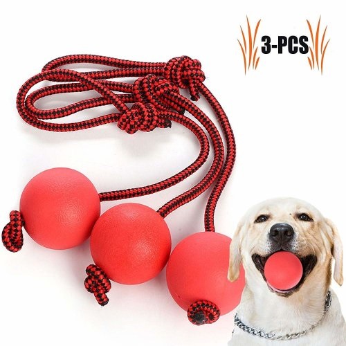 3Pcs Dog Toy Ball with Rope Elastic Solid Rubber Chew Tug Toy for Small Medium Large Dogs