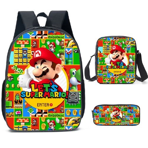 Super Mario 3D Printed Backpack Set Kids School Bag Travel Rucksack 3Pcs