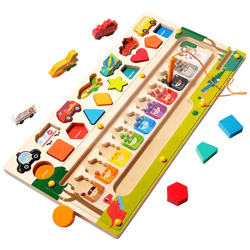 3-in-1 Montessori Wooden Puzzle Toy Magnetic Color Number Maze Shape Vehicle Sorting for Toddlers