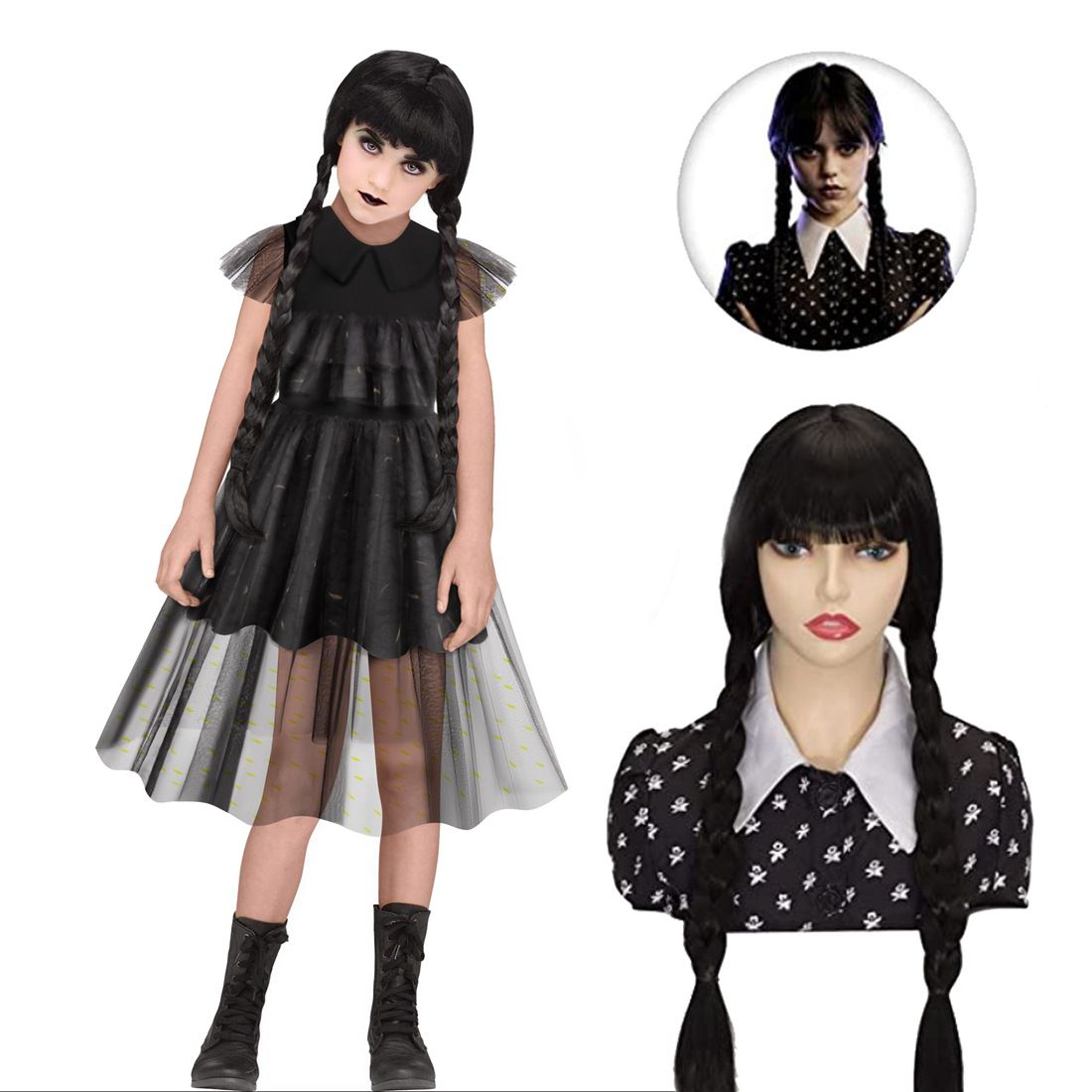 Wednesday Addams Costume Dress for Girls Kids Halloween Cosplay Party Outfit and Easter Role Play