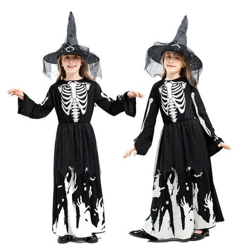 Kids Cosplay Fancy Dress Witch Skull Ghost Spectre Halloween Costume Outfit