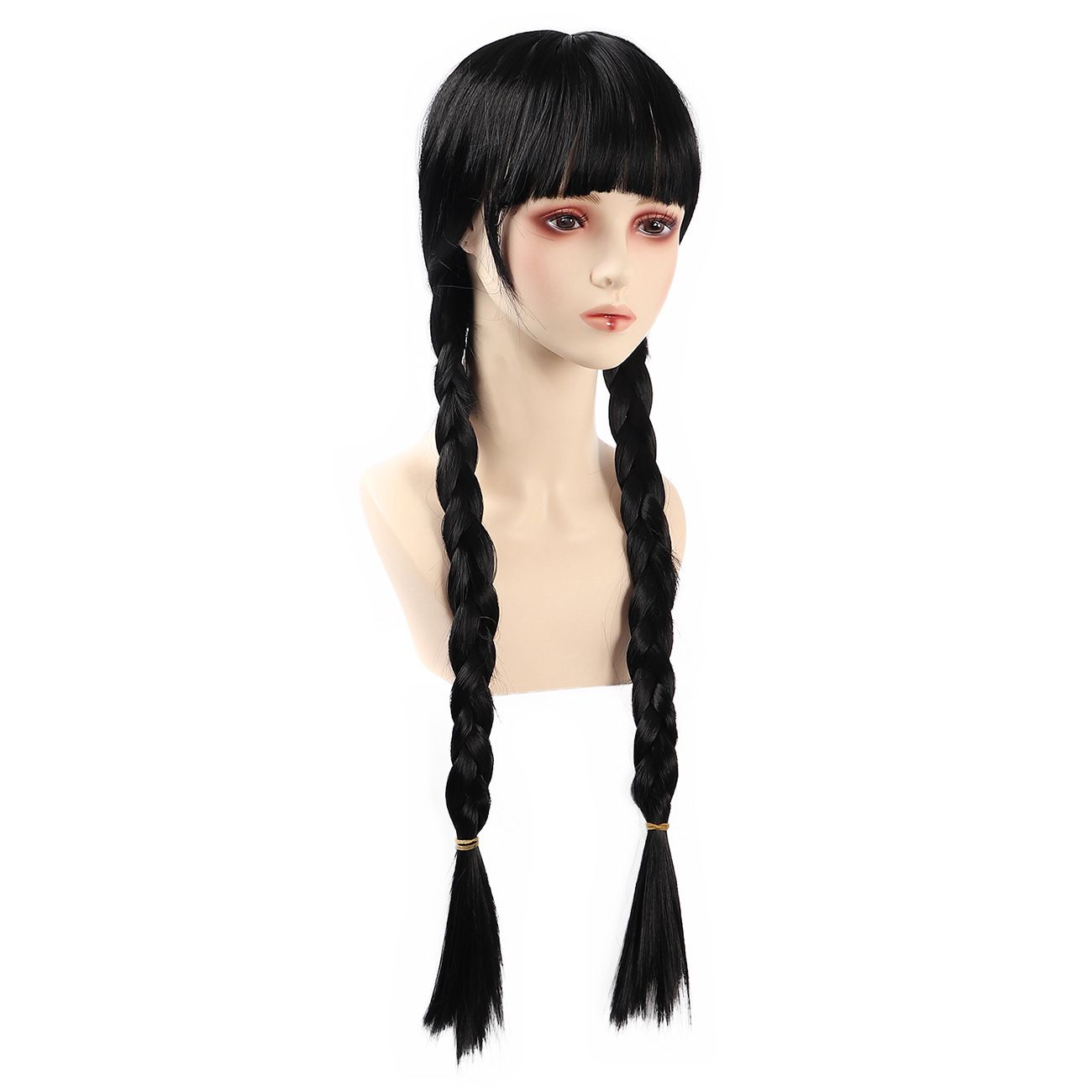 Wednesday Addams Cosplay Wig Black Double Braided Ponytail with Bangs for Halloween Party