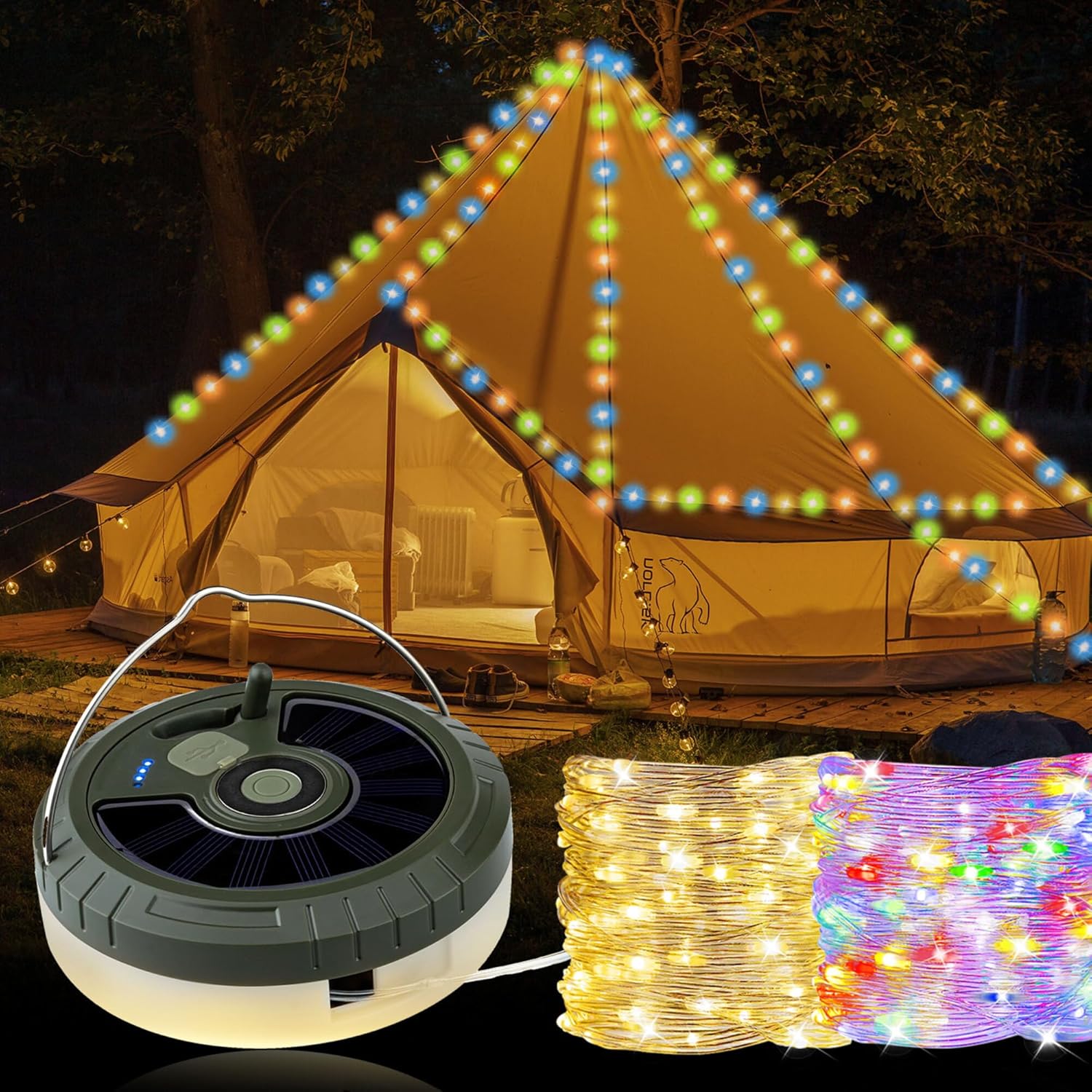 Solar Camping String Lights 10m Retractable with Remote Control and USB Charging for Outdoor and Indoor Use