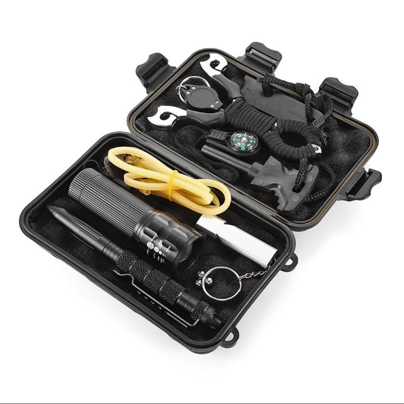 SOS Emergency Survival Kit with Compass Whistle Flashlight and Tactical Tools for Outdoor Camping and Hiking